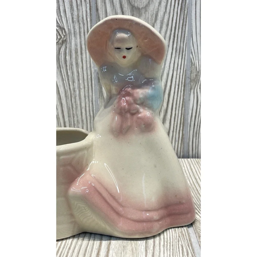 Vintage Ceramic Victorian Lady Planter Sun Hat Figurine Pink Blue Pastel Well